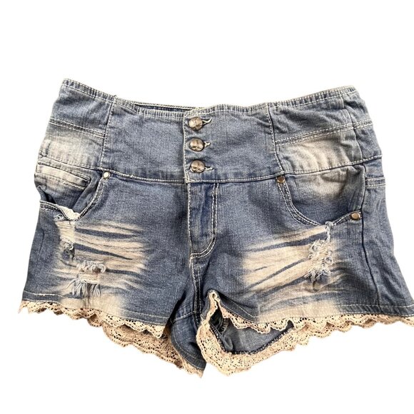 Almost Famous Women's SZ 9 Distressed Denim Shorts Lace Trim Baby Doll JCP49898 - Picture 1 of 14
